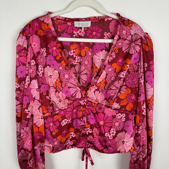 WAYF Loral Print Ruched Plunge Neck Satin Blouse Pink Berry Floral Long Sleeve - Picture 9 of 13